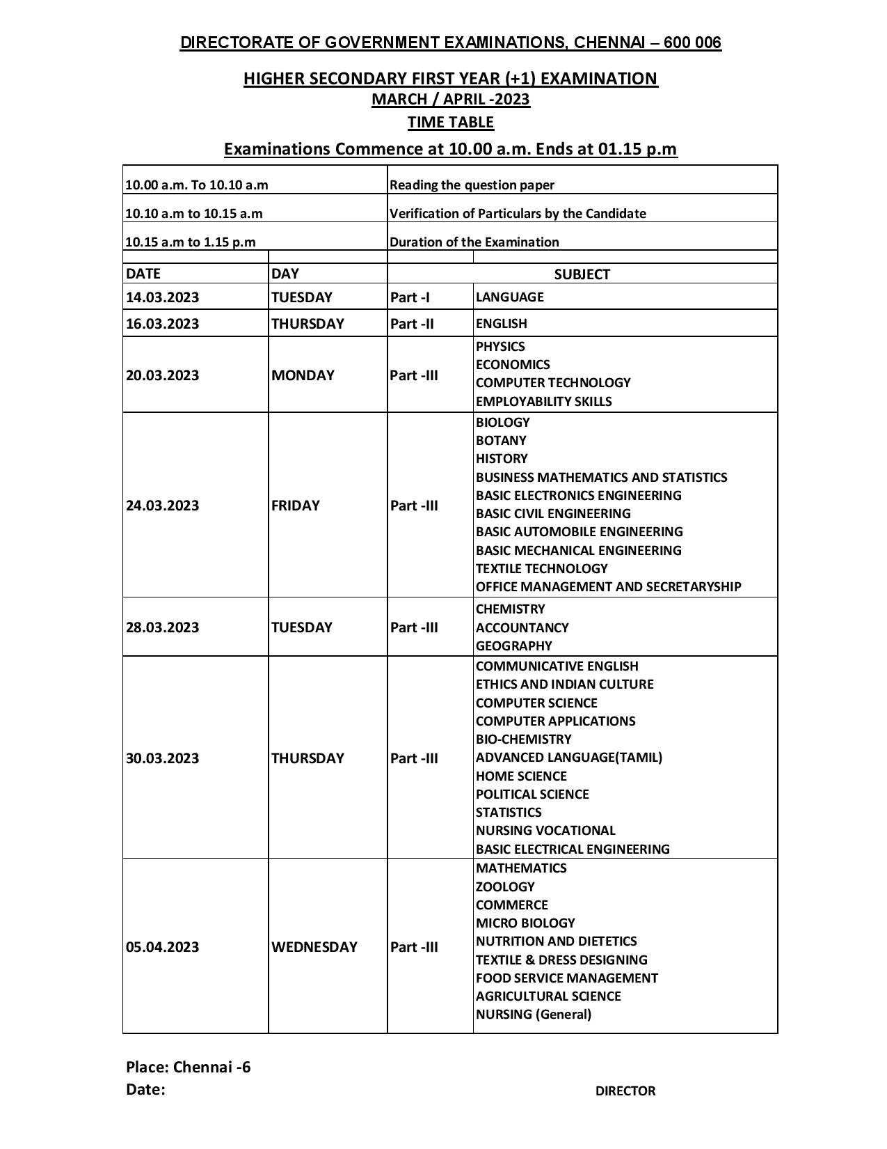 TN HSC Time Table 2023 +1