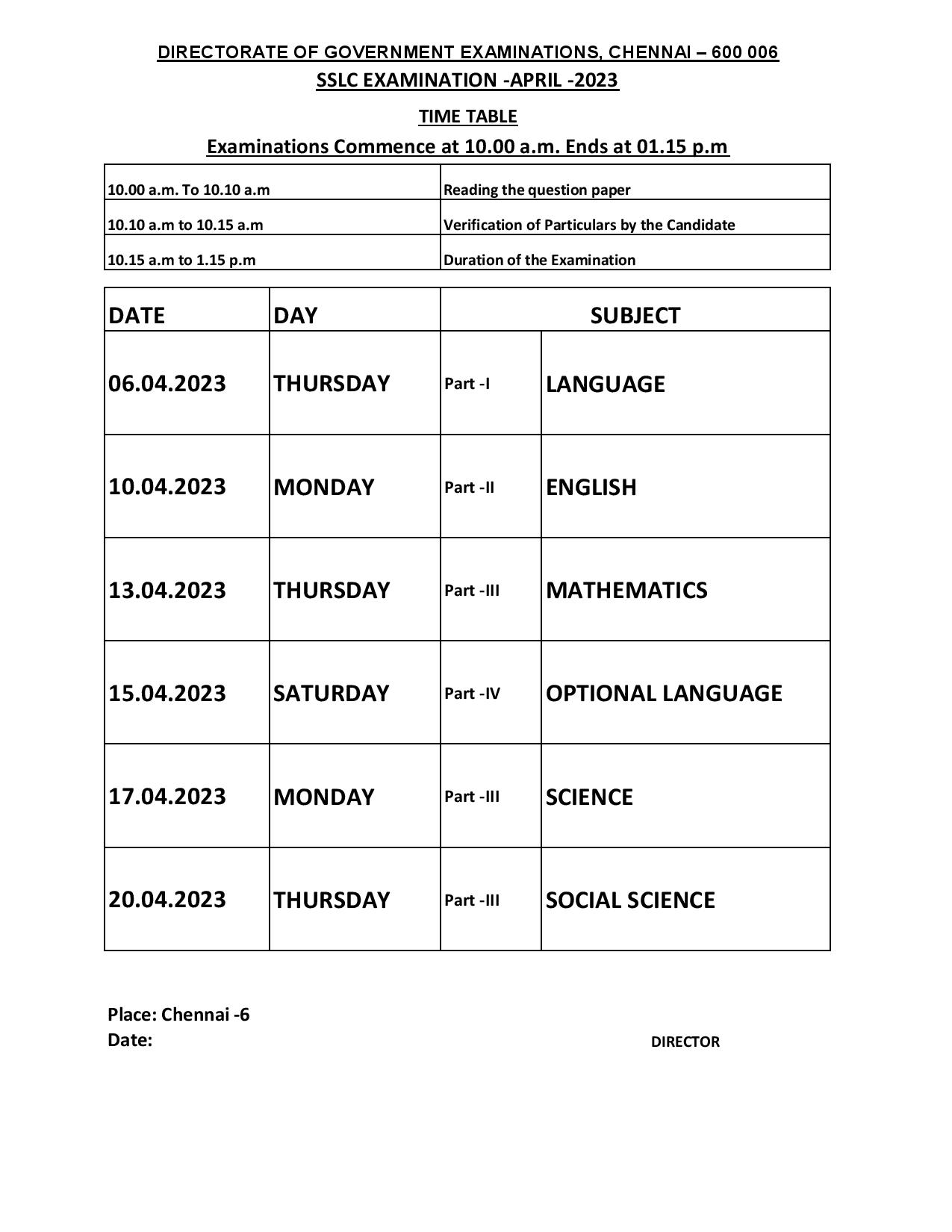 TN SSLC Time Table 2024 Download Tamilnadu 10th Class Exams Schedule